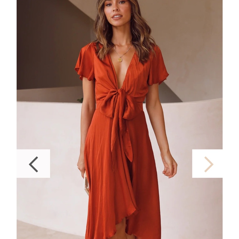 Billy J burnt orange midi silk tie dress